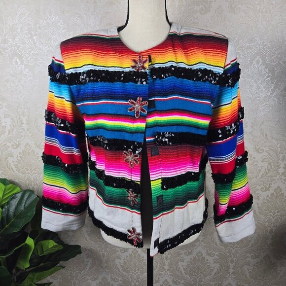 Veronica Prida Designs Size Medium Colorful Striped Serape Jacket Sequin Trim - Picture 7 of 16
